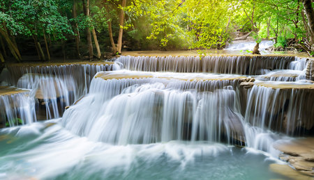 Huay Mae Khamin National Park Waterfall, a beautiful waterfall, in the rainforest nature in Kanchanaburi, Province, Thailandの素材