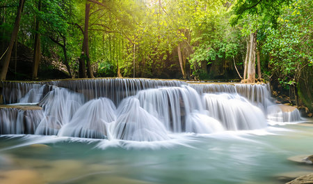 Huay Mae Khamin National Park Waterfall, a beautiful waterfall, in the rainforest nature in Kanchanaburi, Province, Thailandの素材