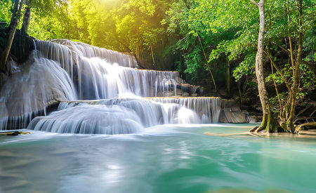 Huay Mae Khamin National Park Waterfall, a beautiful waterfall, in the rainforest nature in Kanchanaburi, Province, Thailandの素材