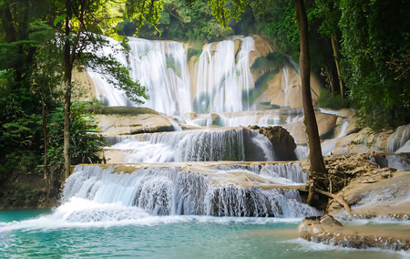 Huay Mae Khamin National Park Waterfall, a beautiful waterfall, in the rainforest nature in Kanchanaburi, Province, Thailandの素材