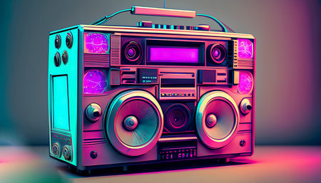 Retro boombox on a dark background. 3d renderingの素材