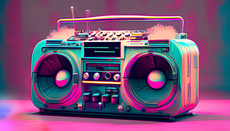 Retro boombox on purple background. 3d illustration.の素材