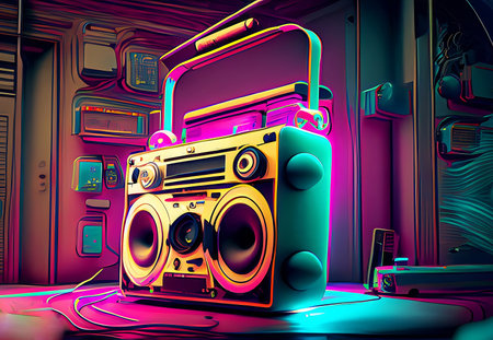 3D Illustration of a Retro Radio in a Futuristic Interiorの素材