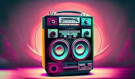 Digital illustration of a boombox in colour background with lights.の素材