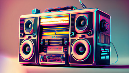 Vintage radio set on a colorful background. 3d illustration.の素材