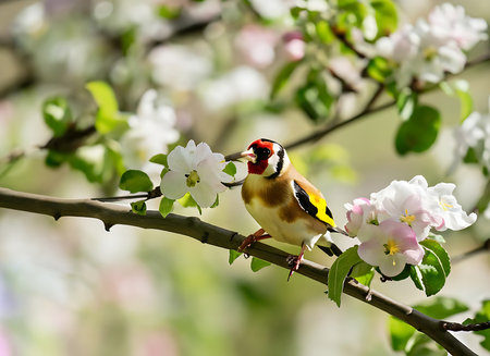 Goldfinch (Carduelis carduelis) on a branch of a blossoming apple treeの素材