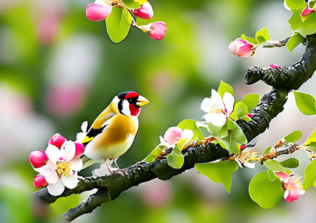 Goldfinch on a branch of apple tree with blossom in springの素材