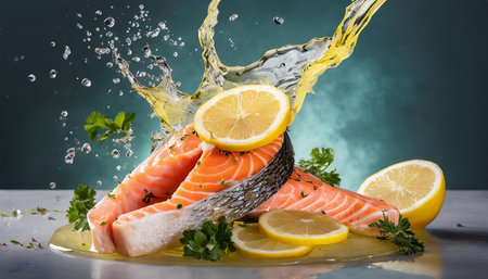 Fresh salmon steak with lemon  juice and herbs in water splash on dark blue background, bright colors studio lighting, advertising food photographyの素材