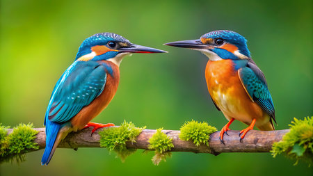 Beautiful couple of Kingfisher bird (Alcedo atthis) perching on a branchの素材