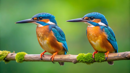 Two Kingfisher (Alcedo atthis) perched on a branchの素材