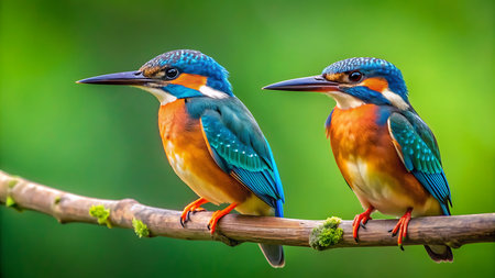 Two Kingfisher (Alcedo atthis) perched on a branchの素材