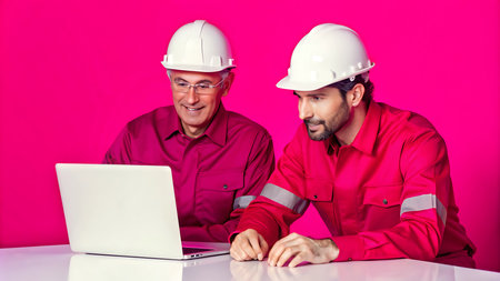 Two men are sitting on the consulting table and one is giving advice and explaining to the other person through a laptop in the field of fire and safety servicesの素材