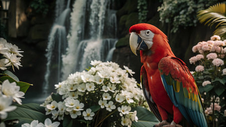 Red macaw parrot in the garden with flowers and waterfall.の素材