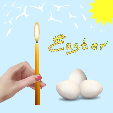 Easter. Easter eggs. Church candles. The spring sky with birds.のイラスト素材