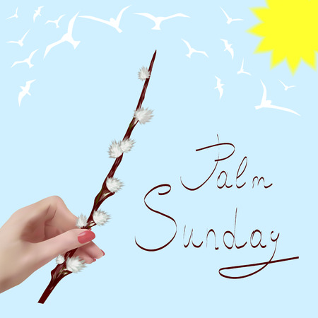 Easter branch. Pussy-willow. Verba. Palm Sunday. The spring sky with birds.のイラスト素材