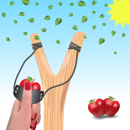 Slingshot against a background of falling leaves.Slingshot in a female hand.Apples instead of bullets.のイラスト素材