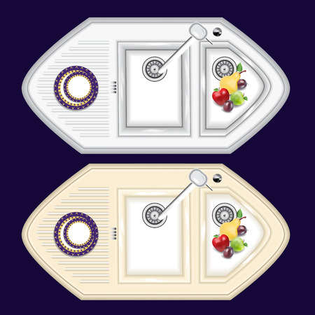 The kitchen sink is made of metal and stone. Kitchen sink with overhead attachment and extra bowl for washing fruits (colander).のイラスト素材