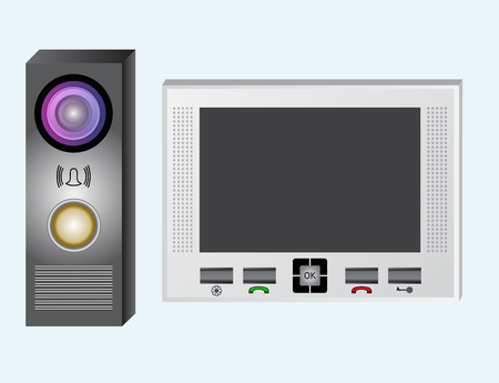Intercom. Video intercom. The monitor and the outdoor panel with a video camera. Intercom system with a guest with a video call. The device has an electromagnetic or electromechanical lock. The device is equipped with a speakerphone.のイラスト素材