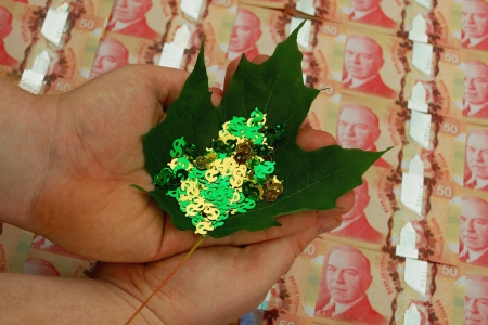 Money-shaped confetti held on a Maple leaf over Canadian currency - to illustrate wealth, investing or other money concepts の写真素材
