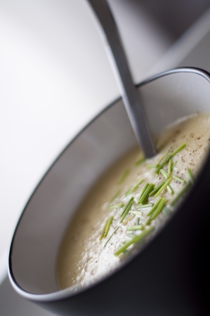 A close up photograph of a modern bowl containing Potato & Leek soup.の写真素材