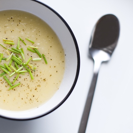 A close up photograph of a modern bowl containing Potato   Leek soup の写真素材