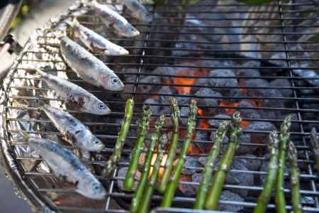 A healhty mediterranean BBQ consisting of fresh fishの写真素材