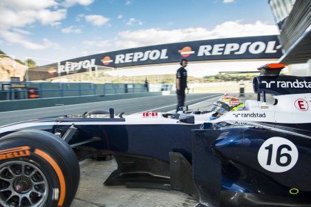 JEREZ (Spain) - FEBRUARY 10th: PASTOR MALDONADO testing his new Williams FW35 F1 car on the first Test at the Jerez Circuit, Andalucia Spain 2013.のeditorial素材