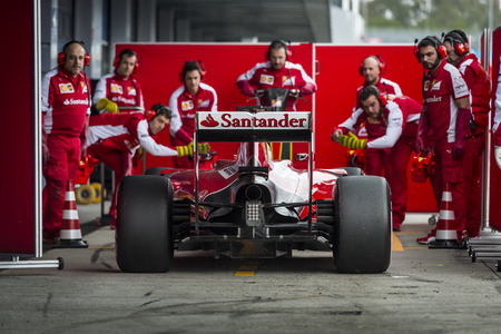 JEREZ, SPAIN - FEBRUARY 2ND: Sebastian Vettel testing his new Ferrari SF15-T F1 car on the first Test at the Jerez Circuit in Jerez, Andalucia, Spain on Feb. 2, 2015.のeditorial素材