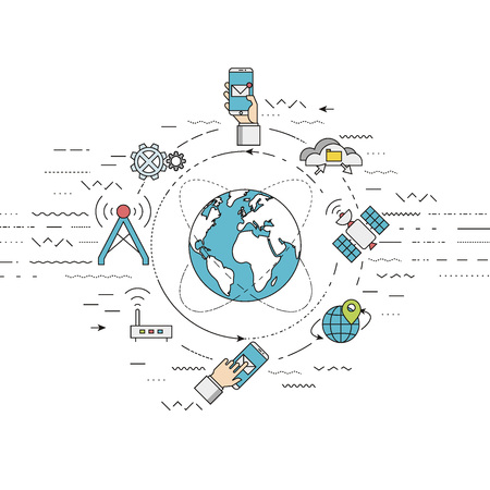 illustration represents telecommunication concept, mobile technology and global internet network concept. Flat, thin line styleのイラスト素材
