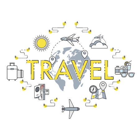 Traveling around the World banner. Vacation or holidays. Planing trip road. Tourism set. Journey planing. Travelling illustration. Flat, thin line design.のイラスト素材