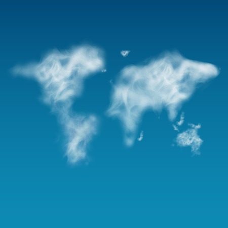 Unshaped cloudy world map on the clear blue sky. Realistic. Steam, smoke, cloud.のイラスト素材