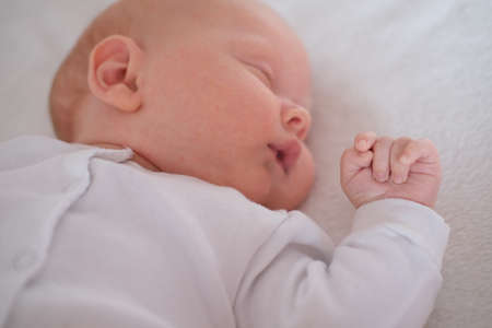 Portrait of a sleeping newborn baby on a white blanket.の写真素材