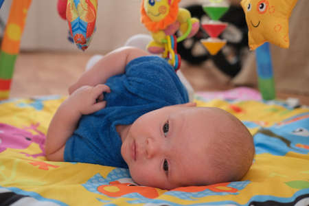 Newborn baby boy or girl playing. Portrait of a cute 3 month old baby lying on a bright blanket.の写真素材