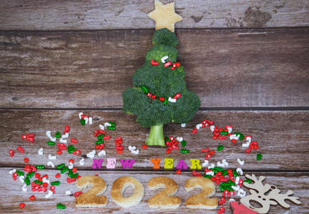 Christmas tree made from broccoli, on a wooden background, close-up, selective focus.2022.の写真素材