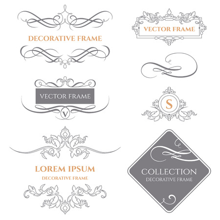 Collection of decorative frames and borders.Calligraphic elements. Template signage,  labels, stickers, cards. Graphic design page.のイラスト素材