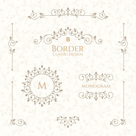 Set of decorative  borders, monograms and seamless pattern. Template signage, labels, stickers, cards. Graphic design page. Classic design elements for wedding invitations.のイラスト素材