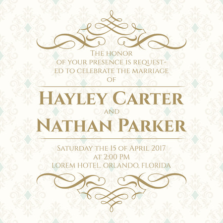 Graphic design page. Wedding invitation. Template for greeting cards, invitations, menus. Calligraphic border and seamless classic background.のイラスト素材