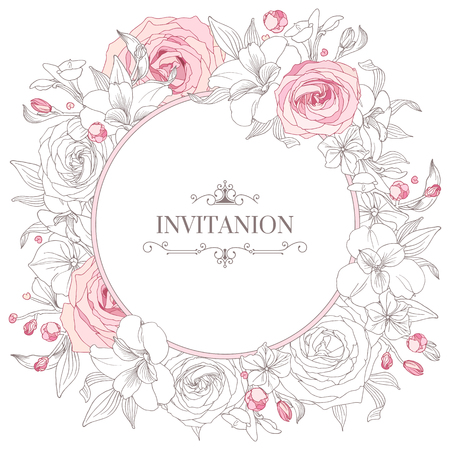 Greeting card with flowers. Hand-drawn floral wreaths. Wedding card template.のイラスト素材