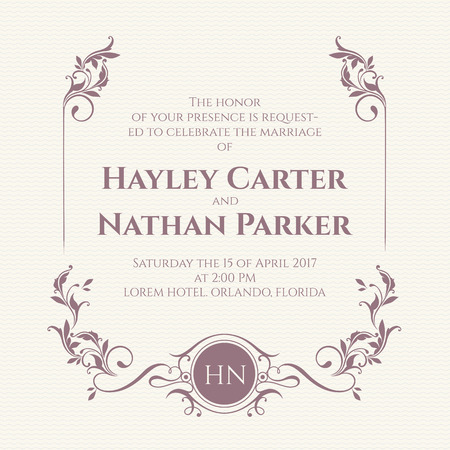 Graphic design page. Wedding invitation. Decorative floral frame and monogram.のイラスト素材