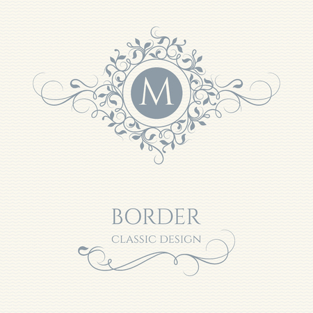 Floral monogram and border with calligraphic elements. Classic design elements for wedding invitations.のイラスト素材