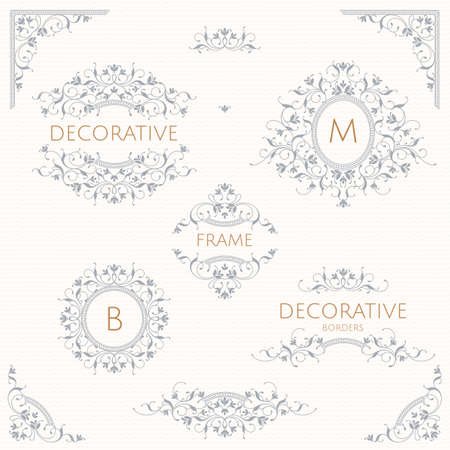 Collection of decorative elegant monograms, borders, frames, corners. Classic floral ornament. Graphic design pages, business sign, boutiques, cafes, hotels.のイラスト素材