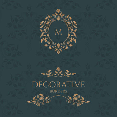 Decorative floral monogram and border. Graphic design pages, business sign, boutiques, cafes, hotels. Classic design elements for wedding invitations.のイラスト素材