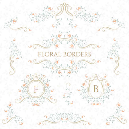 Collection of decorative colored elegant monograms and borders. Classic floral ornament. Graphic design pages.のイラスト素材