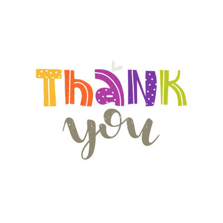 Thank you. Inscription for postcard, banner, print. Multicolored lettering. Sans serif font, handwritten font. Isolated on white background.のイラスト素材