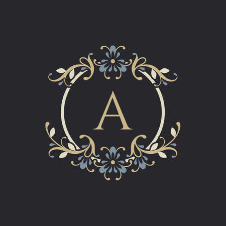 Floral colored ornament. Decorative frame monogram with blue flowers.のイラスト素材