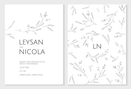 wedding invitation template. Hand-drawn contoured twigs.のイラスト素材