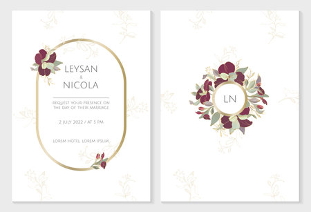 Elegant invitation cards template. Burgundy flowers with oval gold frame and floral monogram.. Graphic design page.のイラスト素材