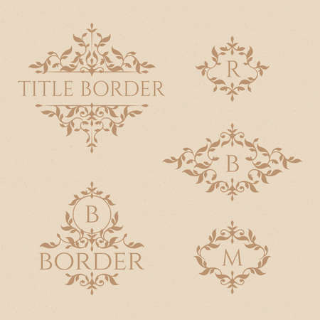 Set of decorative elements in classical style. Floral ornamental monogram frames and borders. Graphic design pages; business sign; boutiques; cafes; hotels.のイラスト素材