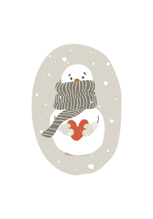 Winter Postcard. Cute snowman with red heart.のイラスト素材