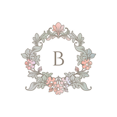 Color vintage monogram frame. Outline drawing of leaves and flowers. classic decorative element.のイラスト素材